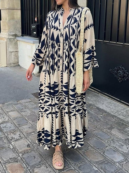 A-Line Long Sleeves Buttoned Contrast Color Pleated Printed Split-Joint Stand Collar Maxi Dresses Shirt Dress