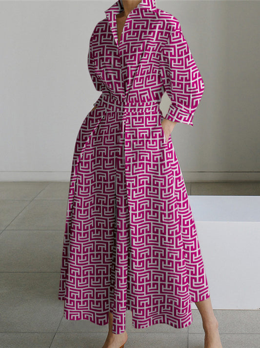 Long Sleeves Loose Pleated Printed Tied Waist Lapel Shirt Dress