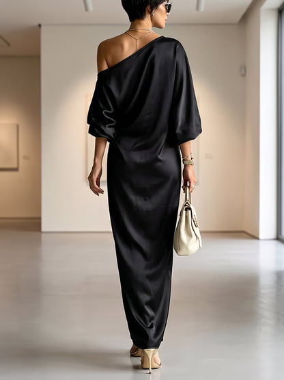 Pockets Flower Print Asymmetric Three-quarter Sleeves Loose One-shoulder Maxi Dresses