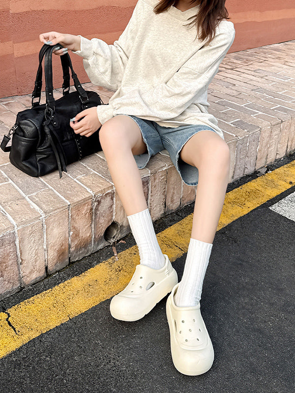Hollow Round Cut Solid Color Crocs Platform Shoes Sandals