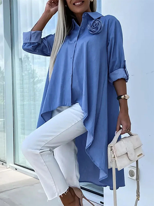 Half Sleeves High-Low Buttoned Pockets Solid Color Lapel Blouses&Shirts Tops
