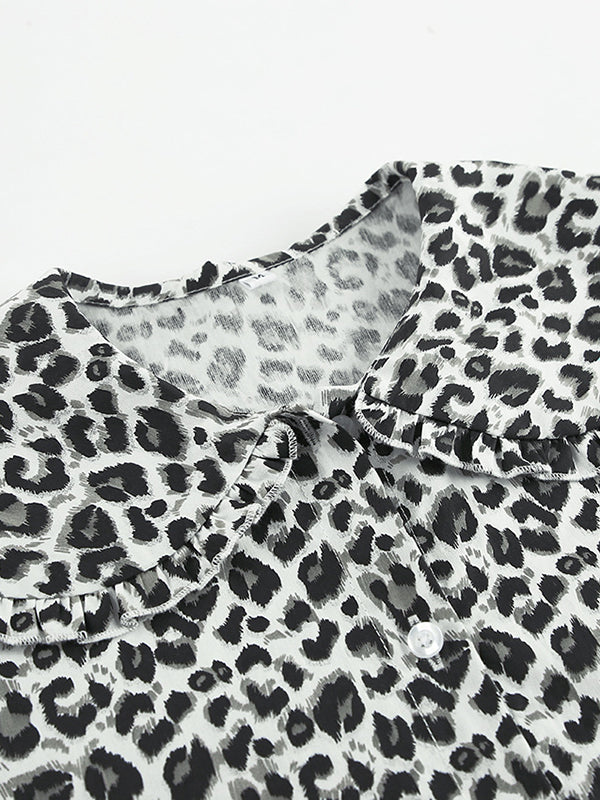 Loose Puff Sleeves Leopard Split-Joint Peter Pan Collar Blouses&Shirts Tops