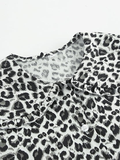 Loose Puff Sleeves Leopard Split-Joint Peter Pan Collar Blouses&Shirts Tops