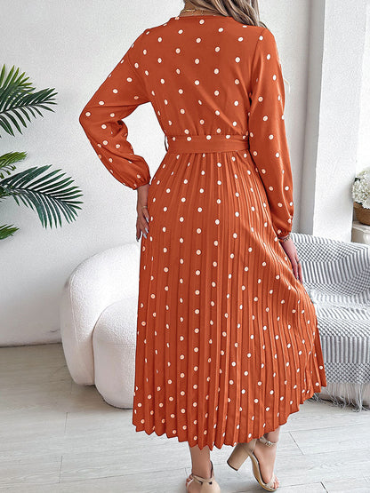 High Waisted Long Sleeves Pleated Polka Dot Tied Waist V-Neck Maxi Dresses Shirt Dress