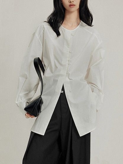 Long Sleeves Loose Buttoned Solid Color Tied Round-Neck Blouses&Shirts Tops