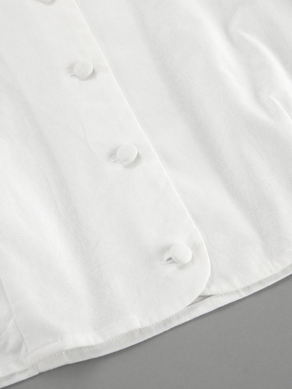 Solid Color Puff Sleeves Split-Joint Stand Collar Blouses + Pleated High Waisted Skirts Two Pieces Set