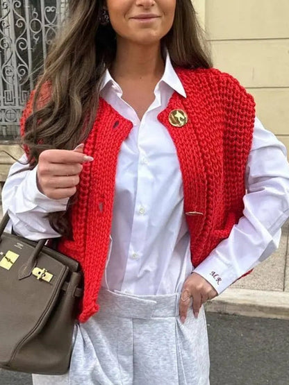 Sleeveless Buttoned Pockets Solid Color Cardigan Tops Knit Top