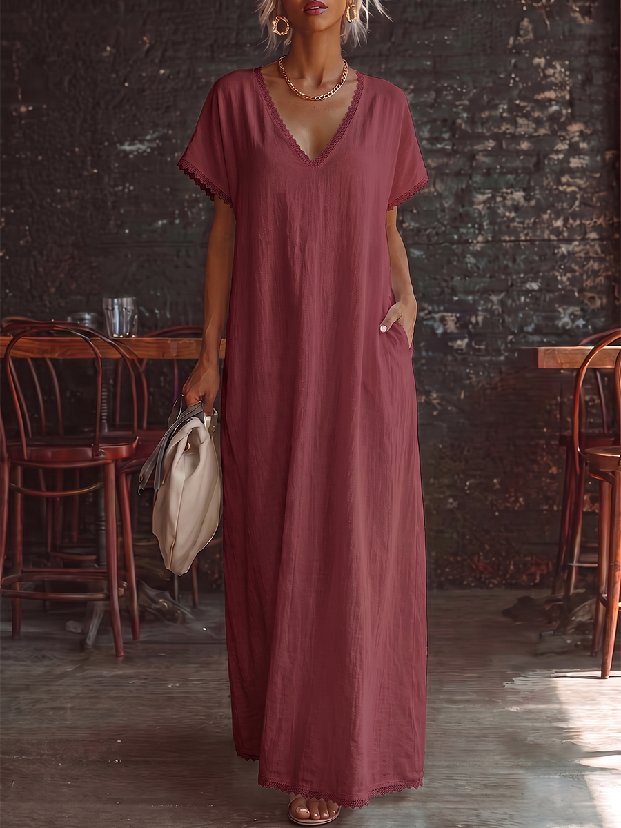 Split-Joint Solid Color Pockets Short Sleeves Plus Size V-neck Midi Dresses