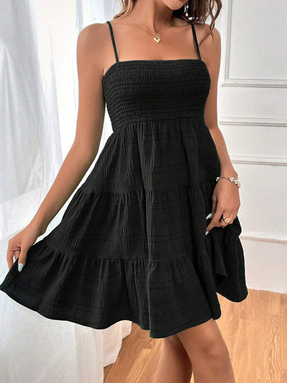 Elasticated Waist High Waisted Pleated Solid Color Split-Joint Spaghetti-Neck Mini Dresses