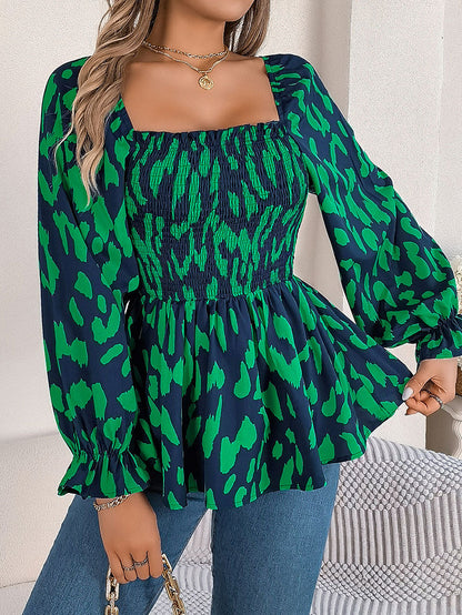 Long Sleeves Puff Sleeves Leopard Pleated Ruffled Square-Neck T-Shirts Tops