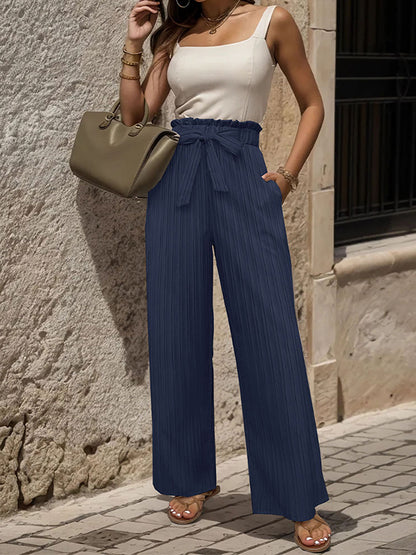 High Waisted Loose Elasticity Pleated Solid Color Tied Waist Pants Trousers