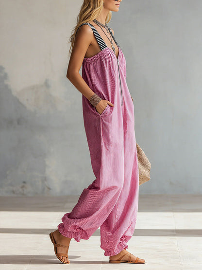 Loose Sleeveless Adjustable Elasticity Pleated Pockets Split-Joint Striped Zipper Deep V-Neck Jumpsuits