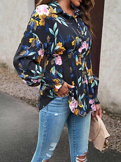 Bishop Sleeve Long Sleeves Buttoned Elasticity Flower Print Pleated Lapel Blouses&Shirts Tops
