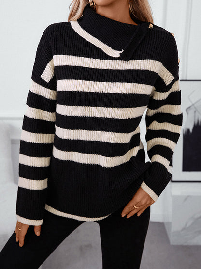 Long Sleeves Loose Buttoned Contrast Color Split-Joint Striped High Neck Pullovers Sweater Tops