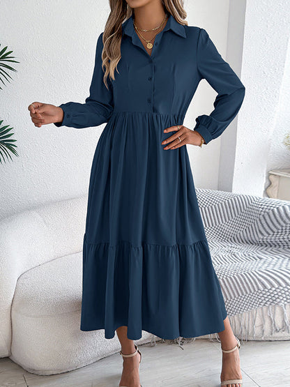 High Waisted Long Sleeves Pleated Ruffled Solid Color Lapel Midi Dresses Shirt Dress