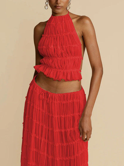 Pleated Solid Color Textured Halter-Neck Cropped Backless Ruffled Tank Top + Tied Waist High Waisted Skirts Bottoms Two Pieces Set