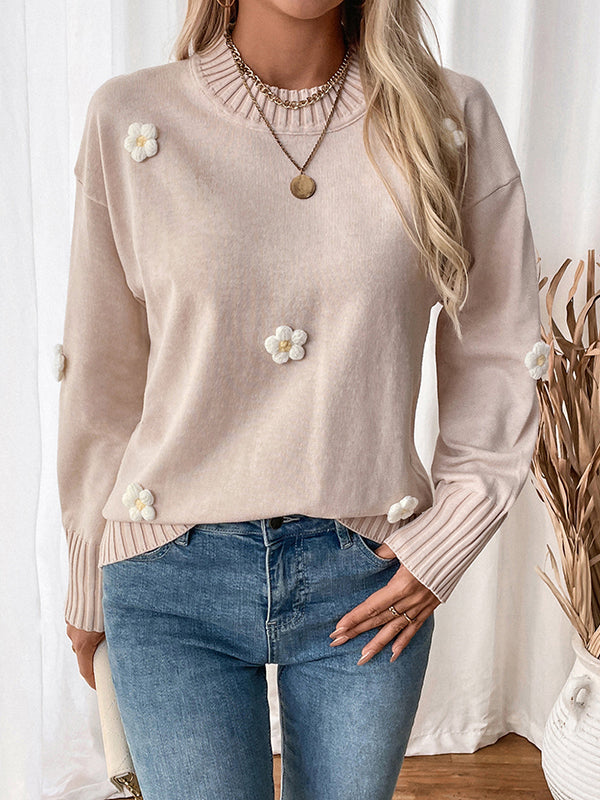 Long Sleeves Loose Split-Joint Three-Dimensional Flower Round-Neck Pullovers Sweater Tops
