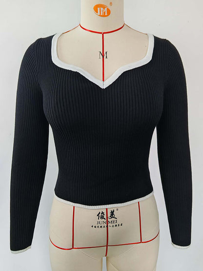 Long Sleeves Skinny Pleated Split-Joint V-Neck Sweater Tops