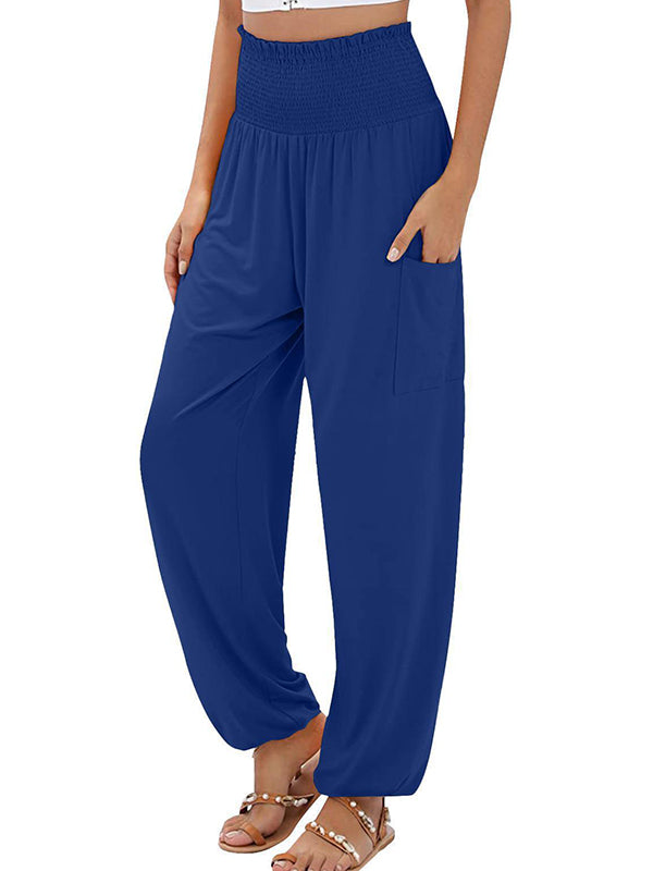 High Waisted Loose Elasticity Pleated Pockets Solid Color Split-Joint Pants Trousers