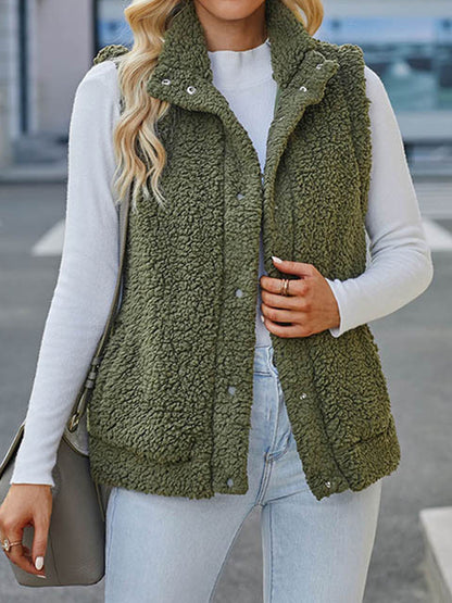 Loose Sleeveless Solid Color Stand Collar Vest Outerwear