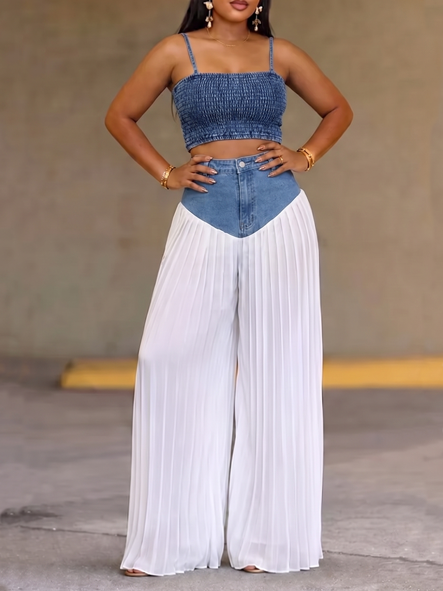 Cropped Skinny Zipper Backless Spaghetti‑Neck Camis Tops + Buttoned Zipper Pleated See‑Through Split‑Joint Trousers Bottoms Two Pieces Set