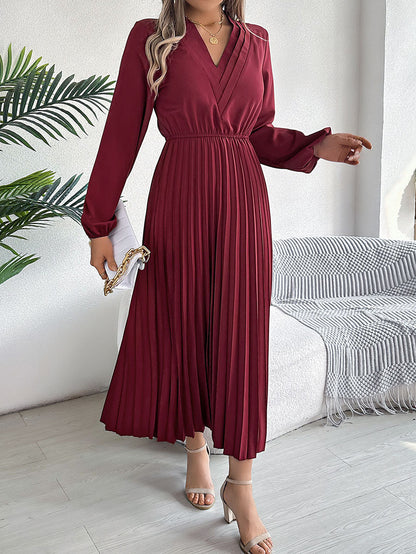 A-Line High Waisted Elasticity Pleated Solid Color V-Neck Maxi Dresses