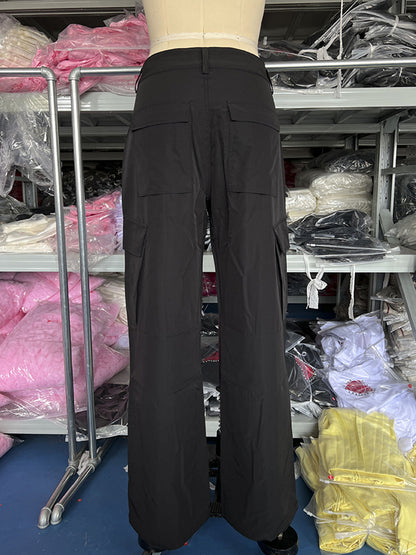 Loose Wide Leg Buttoned Pockets Solid Color Split-Joint Pants Trousers
