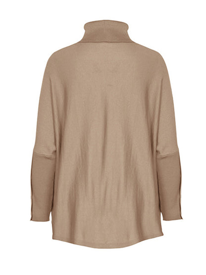 Batwing Sleeves Long Sleeves Buttoned Solid Color Split-Joint High Neck Pullovers Sweater Tops