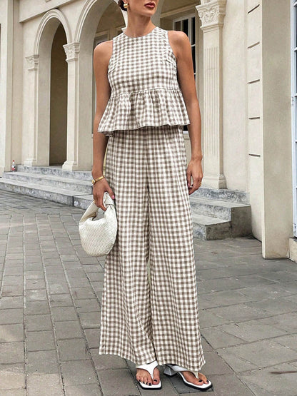 A-Line Loose Plaid Pleated Split-Joint Round-Neck Vest Top + Pants Bottom Suits