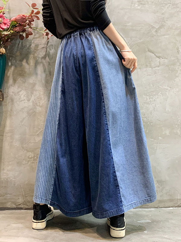 Loose  Drawstring Elasticity Plaid Split-Joint Ninth Jean Pants Bottoms