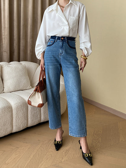 Bishop Sleeve Long Sleeves Buttoned Pockets Solid Color Split-Joint Polo Blouses&Shirts Tops