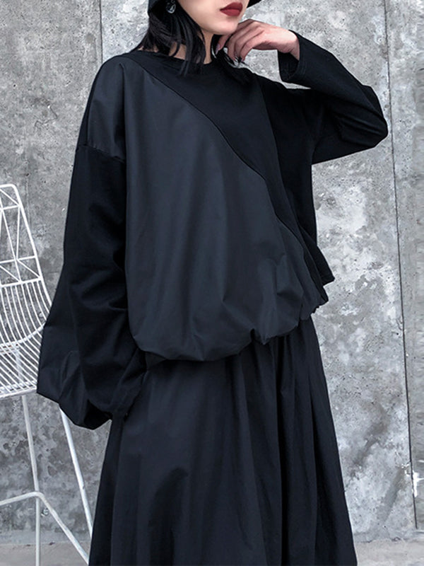 Solid Color Loose Long Sleeves Asymmetric Pleated Split-Joint Round-Neck Shirts Top +  Pants Bottom Two Pieces Set