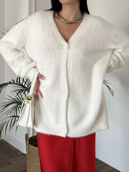 Long Sleeves Loose Buttoned Solid Color V-Neck Cardigan Tops
