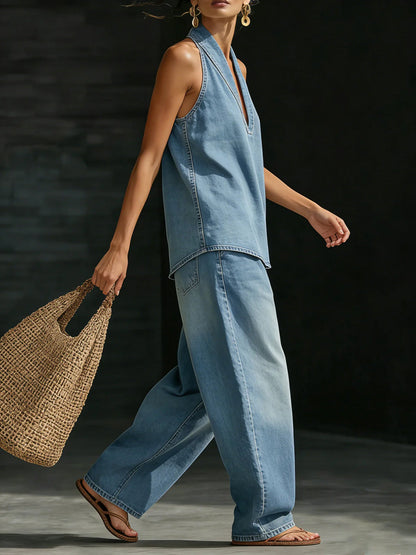 Loose Wide Leg Pockets Solid Color Jean Pants Bottoms