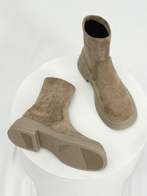 Chunky Shoes Round-Toe Split-Joint Velvet Boots