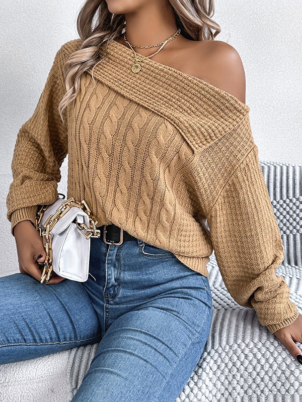 Long Sleeves Loose Asymmetric Solid Color Split-Joint One-Shoulder Pullovers Sweater Tops