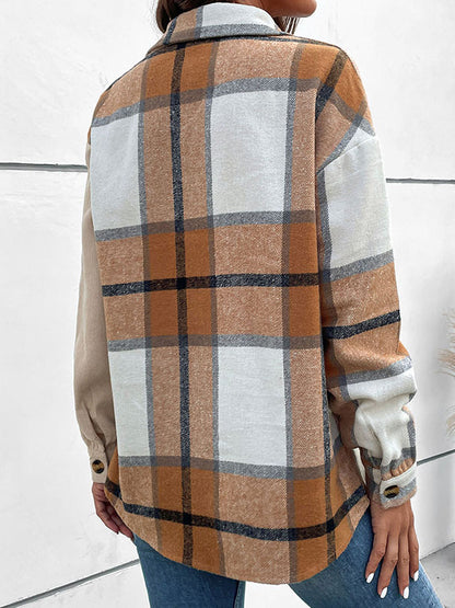 Long Sleeves Loose Buttoned Plaid Lapel Outerwear