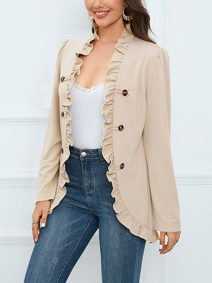 Long Sleeves Loose Buttoned Ruffled Collarless Outerwear