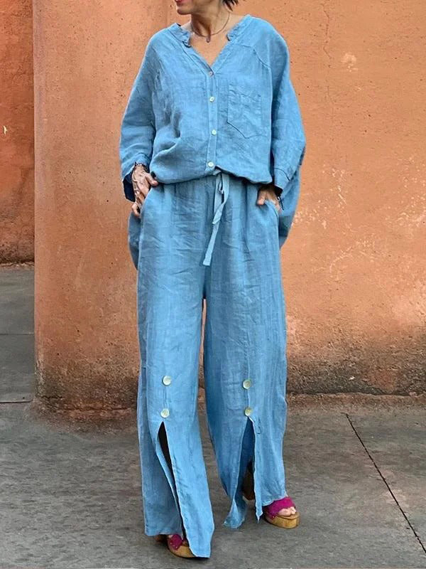 Loose Wide Leg Drawstring Solid Color Split-Front Split-Joint Pants Trousers