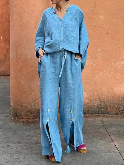 Loose Wide Leg Drawstring Solid Color Split-Front Split-Joint Pants Trousers