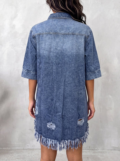 Split-Joint Solid Color Pockets Fringed Buttoned Loose Half Sleeves Lapel Mini Dresses