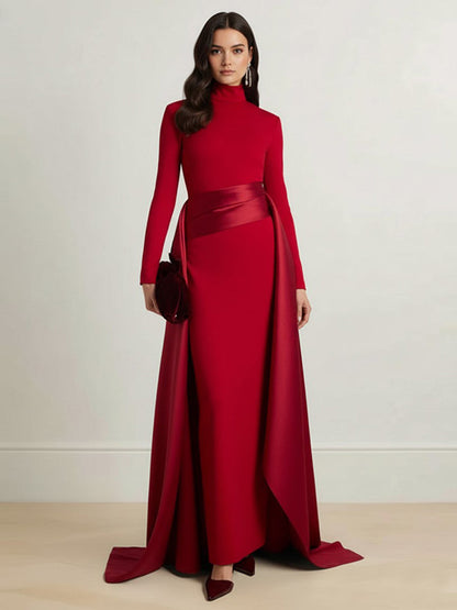 Bodycon Elasticated Waist Asymmetric Solid Color Split-Joint High Neck Maxi Dresses