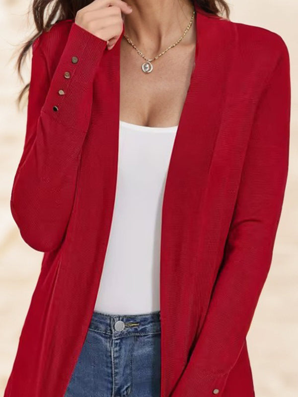 Long Sleeves Loose Buttoned Solid Color Collarless Cardigan Tops
