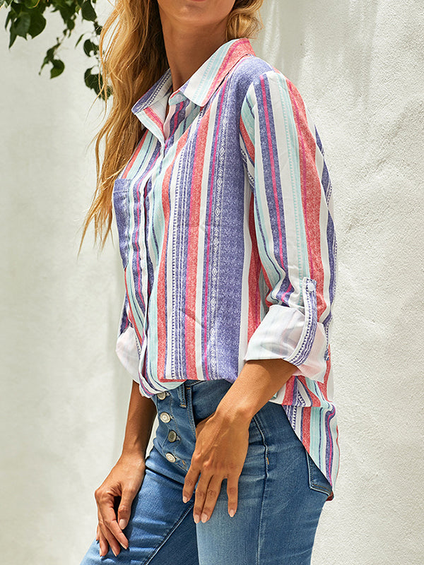 High-Low Long Sleeves Buttoned Pockets Striped Lapel Blouses&Shirts Tops