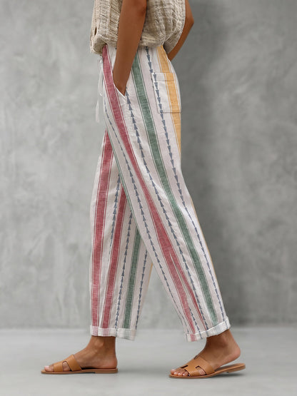 High Waisted Plus Size Contrast Color Drawstring Elasticity Pockets Printed Split-Joint Pants Trousers