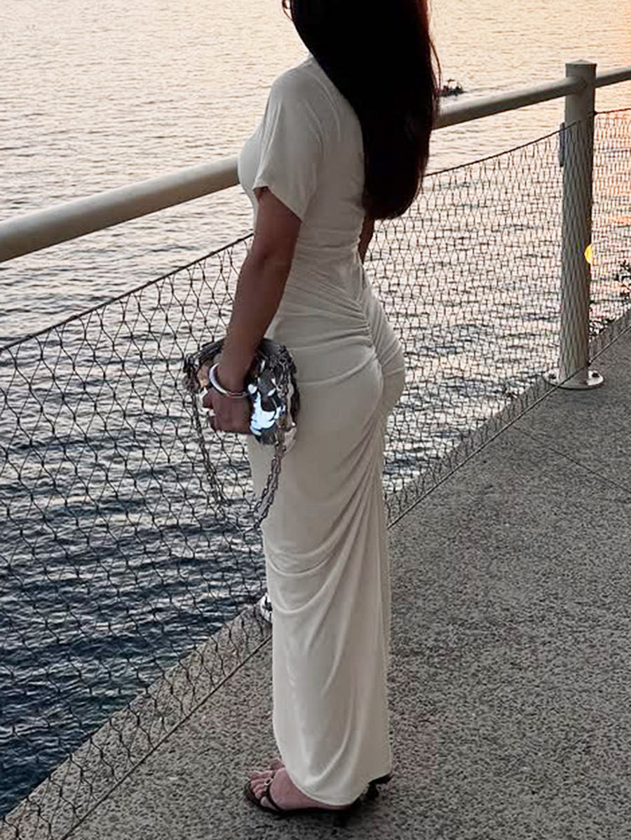 Solid Color Pleated Skinny High Waisted Midi Dresses