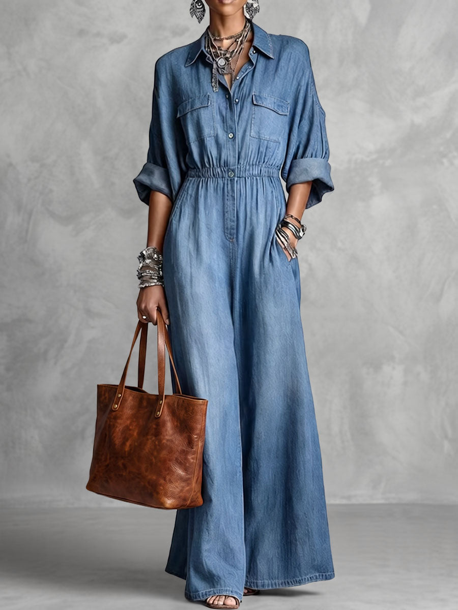 Solid Color Pockets Elasticity Buttoned Wide Leg Three-quarter Sleeves Lapel Jumpsuits