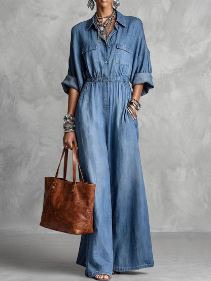 Solid Color Pockets Elasticity Buttoned Wide Leg Three-quarter Sleeves Lapel Jumpsuits