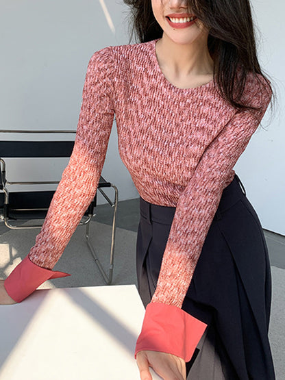 Long Sleeves Skinny Buttoned Round-Neck T-Shirts Tops