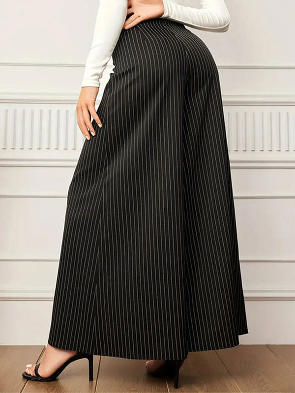 High Waisted Wide Leg Buttoned Split-Joint Striped Pants Trousers